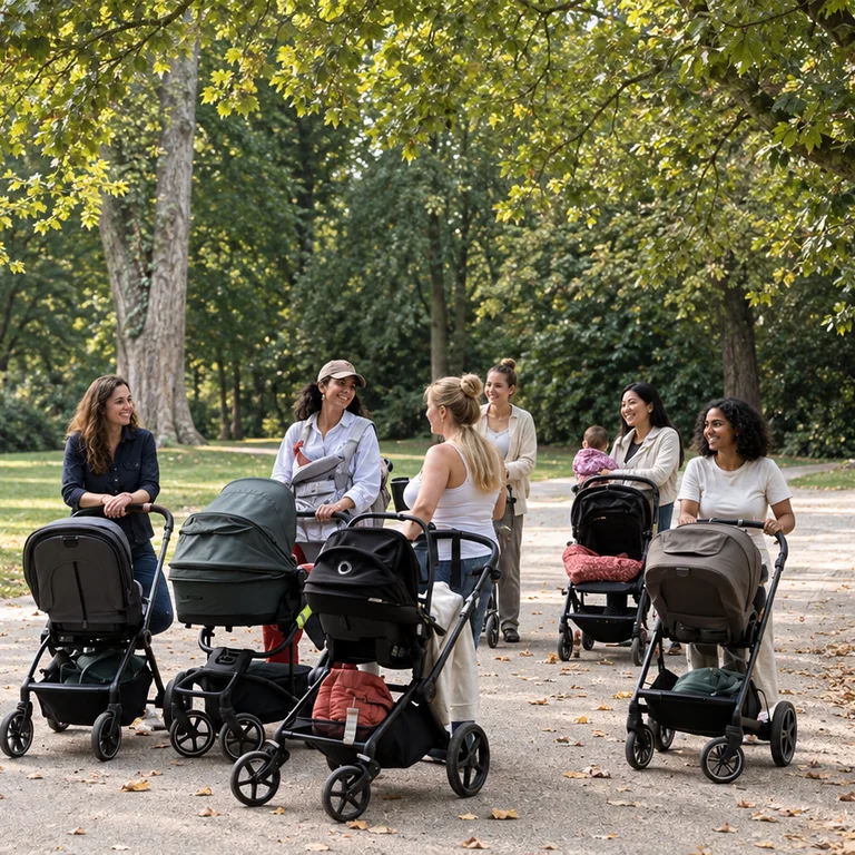 Moms with strollers chatting in a sunny park